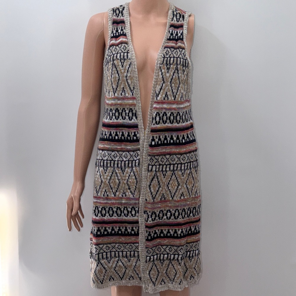 New Directions M Fair Isle Geometric Knit Long Duster Vest Boho Cottagecore